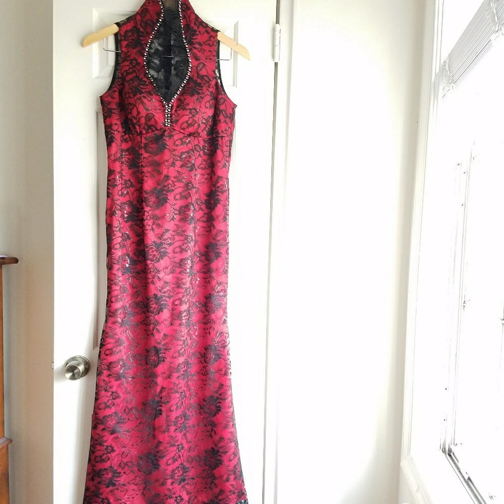 Wedding / Prom Red gown with Black Lace over Top